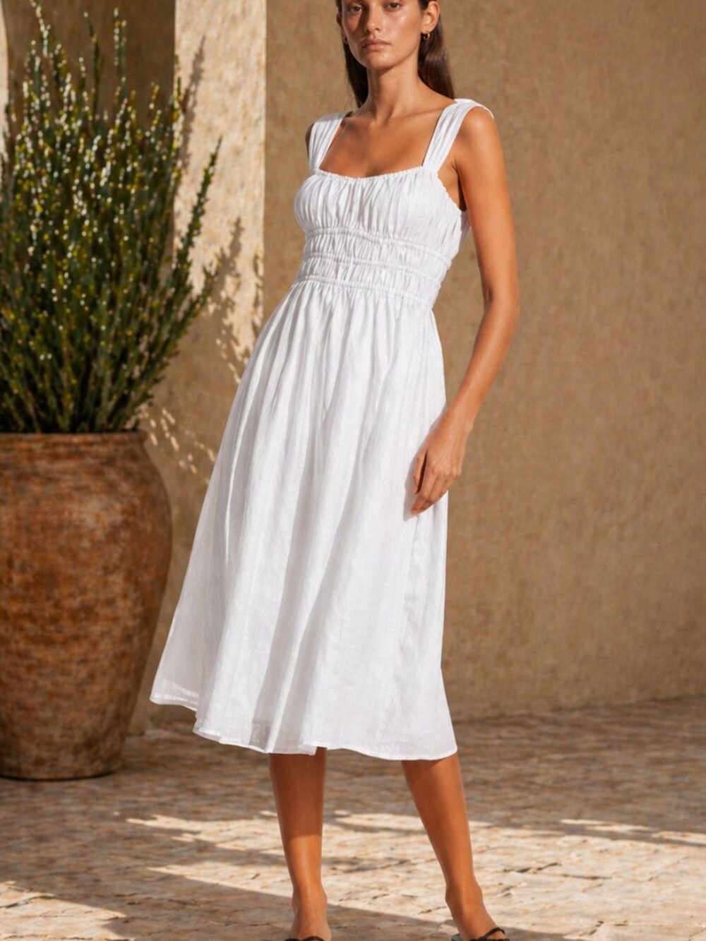 Faithfull The Brand Emory Midi Dress 100% Linen White Smocked Bodice Summer Dres